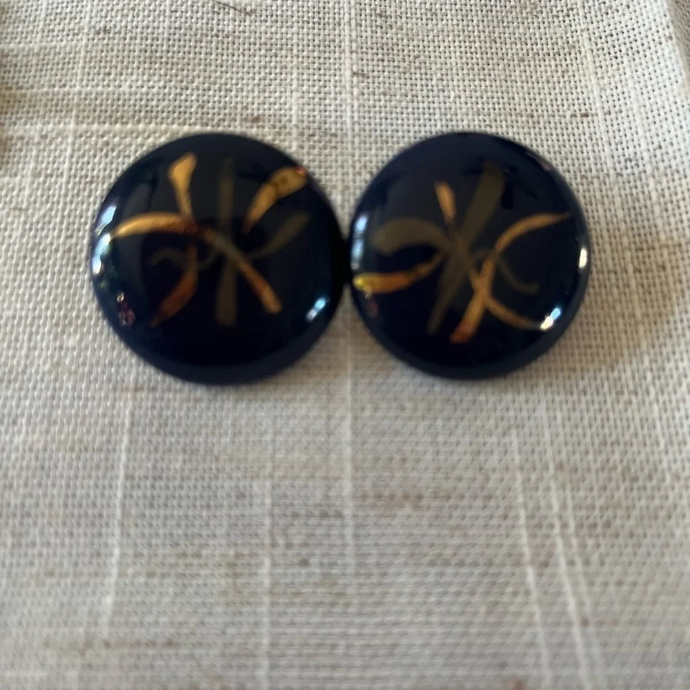 Vintage Ceramic Stud Earrings Cobalt Blue Gold 80s retro ..